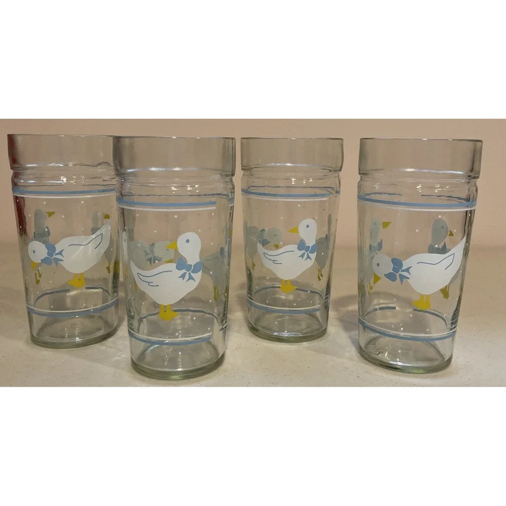Vtg Set 4 Geese Goose Duck Glasses Cups Blue Ribbon Bow Libbey Anchor Hocking